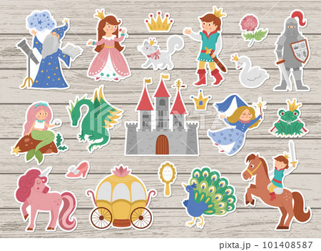 Fairy tale character stickers collection. Big vector sticker pack with fantasy princess, prince, witch, knight, unicorn, dragon. Medieval fairytale castle patches pack. Cartoon magic icons 101408587