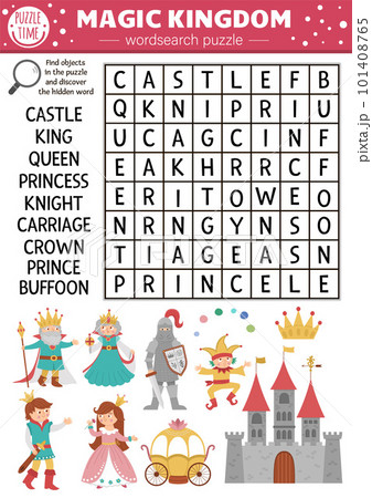 Vector fairytale wordsearch puzzle for kids. Simple magic kingdom crossword with fantasy creatures for children. Activity with knight, castle, princess, king, prince, crown. Fairy tale cross word Vector fairytale wordsearch puzzle for kids. Simple magic kingdom crossword with fantasy creatures for children. Activity with knight, castle, princess, king, prince, crown. Fairy tale cross word 101408765