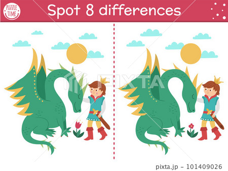 Find differences game for children. Fairytale educational activity with cute prince and dragon. Magic kingdom puzzle for kids with fantasy character. Fairy tale printable worksheet or page 101409026