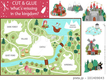 Vector fairytale cut and glue activity. Crafting game with cute magic kingdom map. Fun printable worksheet for children. Find the right piece of the puzzle. Complete the picture Vector fairytale cut and glue activity. Crafting game with cute magic kingdom map. Fun printable worksheet for children. Find the right piece of the puzzle. Complete the picture 101409043