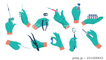 Doctor hands. Medical worker in sterile rubber gloves with syringe and therapeutic tools, healthcare vaccination disease treatment concept. Vector set Doctor hands. Medical worker in sterile rubber gloves with syringe and therapeutic tools, healthcare vaccination disease treatment concept. Vector set 101409642