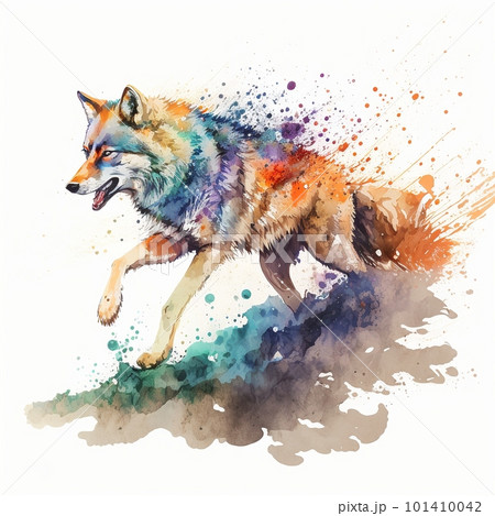 走るオオカミ、水彩画風：AI作品のイラスト素材 [101410042] - PIXTA
