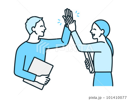 商談が成立し喜ぶ男女。ハイタッチするビジネスパーソンのイラスト素材。 101410077