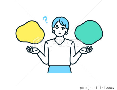 どちらをチョイスするかで迷う女性。悩みながら比較するビジネスウーマンのイラスト。 101410083
