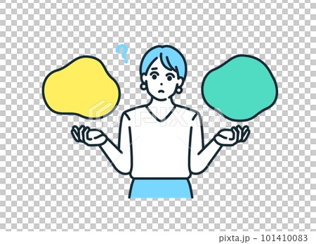 どちらをチョイスするかで迷う女性。悩みながら比較するビジネスウーマンのイラスト。 101410083