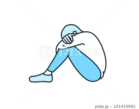 膝を抱えるポーズ。つらい現実に塞ぎ込んでしまう女性のイラスト素材。 101410092