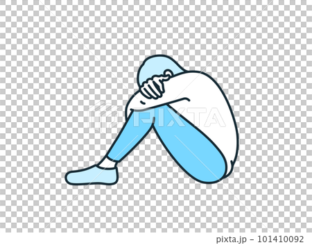 膝を抱えるポーズ。つらい現実に塞ぎ込んでしまう女性のイラスト素材。 101410092