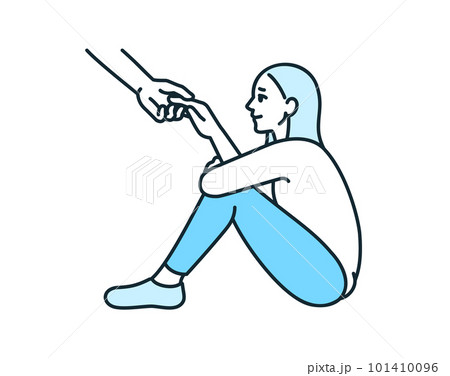 差し伸べられた手を握る女性。暗闇から一歩抜け出すイメージのイラスト素材。 101410096