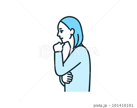 つらそうな横顔。顎に手をあて苦しむ女性のイラスト素材。 101410101