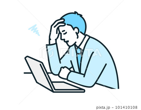 パソコンの前で頭を抱える男性。悩むビジネスパーソンのイラスト素材。 101410108