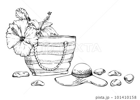 Hand drawn vector ink composition. Seascape with beach bag and hat, sea glass, hibiscus. Isolated on white background. Design wall art, wedding, print, fabric, cover, card, tourism, travel booklet. 101410158