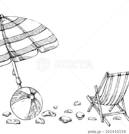 Hand drawn vector ink composition. Seascape with beach chair and umbrella, ball sea glass. Isolated on white background. Design wall art, wedding, print, fabric, cover, card, tourism, travel booklet. 101410159