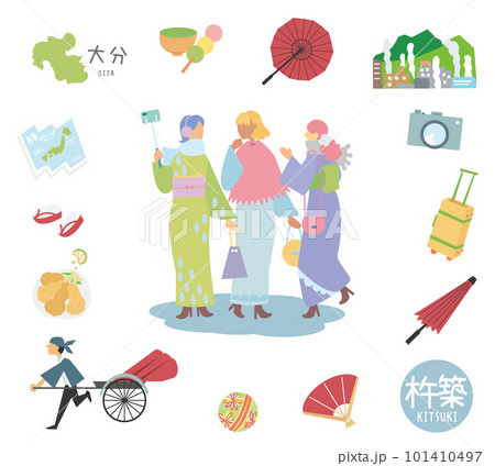 冬の日本の大分の杵築の名物観光のアイコンと着物の女友達のセット（フラット） 101410497