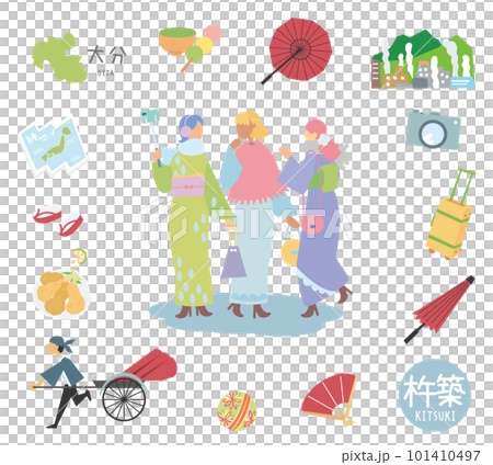 冬の日本の大分の杵築の名物観光のアイコンと着物の女友達のセット（フラット） 101410497