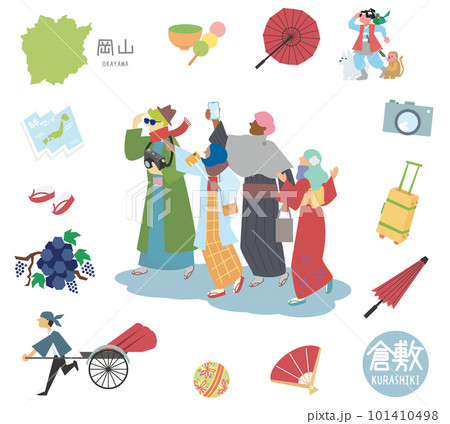 冬の日本の岡山の倉敷の名物観光のアイコンと着物を着た外国からの観光客のセット（フラット） 101410498