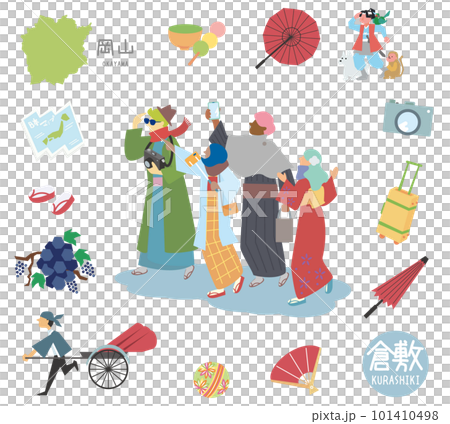 冬の日本の岡山の倉敷の名物観光のアイコンと着物を着た外国からの観光客のセット（フラット） 101410498