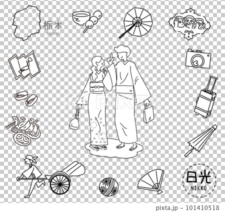A set of kimono couples with icons of Nikko's specialty sightseeing in Tochigi Prefecture, Japan (line drawing black and white) A set of kimono couples with icons of Nikko's specialty sightseeing in Tochigi Prefecture, Japan (line drawing black and white) 101410518