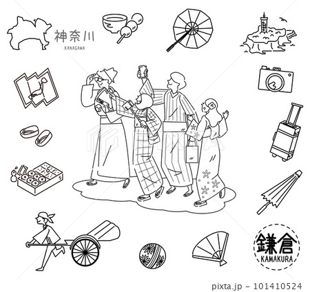日本の神奈川の鎌倉の名物観光のアイコンと外国からの観光客のセット（線画白黒） 101410524