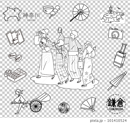 日本の神奈川の鎌倉の名物観光のアイコンと外国からの観光客のセット（線画白黒） 101410524