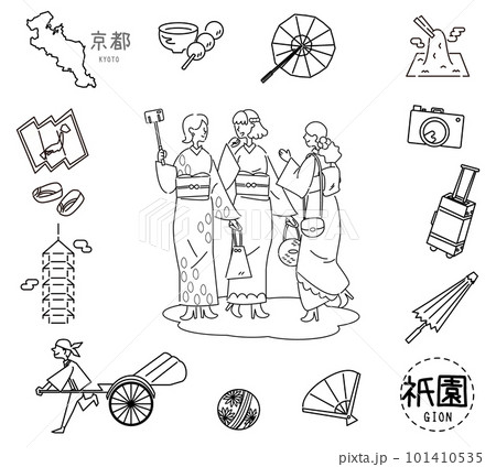 日本の京都の祇園の名物観光のアイコンと着物の女友達のセット（線画白黒） 101410535