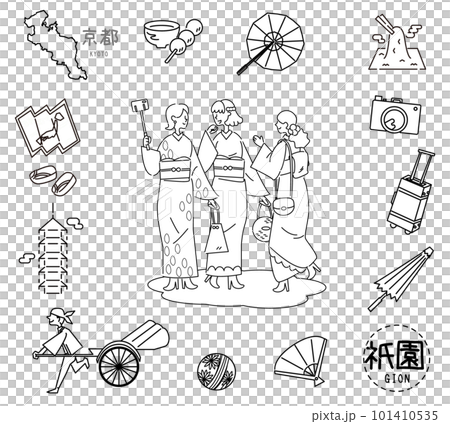 日本の京都の祇園の名物観光のアイコンと着物の女友達のセット（線画白黒） 101410535