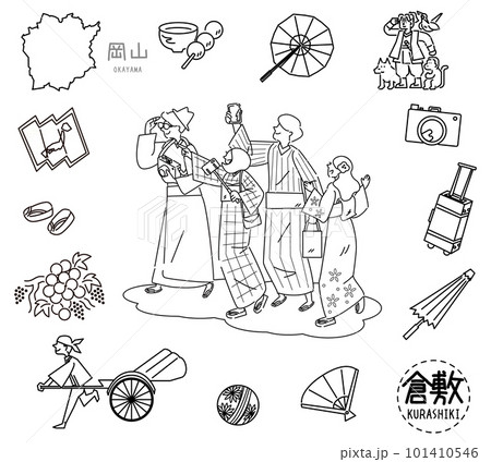 日本の岡山の倉敷の名物観光のアイコンと着物を着た外国からの観光客のセット（線画白黒） 101410546
