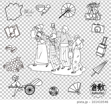 日本の岡山の倉敷の名物観光のアイコンと着物を着た外国からの観光客のセット（線画白黒） 101410546