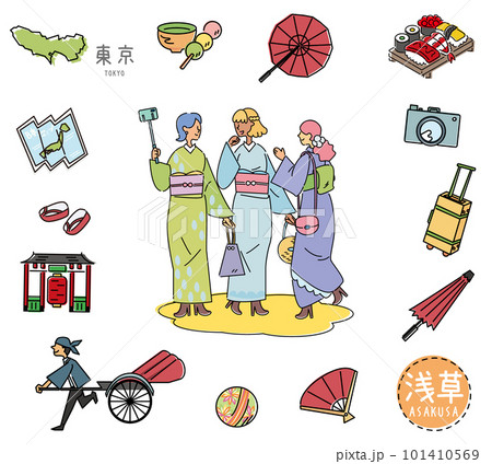 日本の東京の名物観光のアイコンと着物の女友達のセット(線画) 日本の東京の名物観光のアイコンと着物の女友達のセット(線画) 101410569
