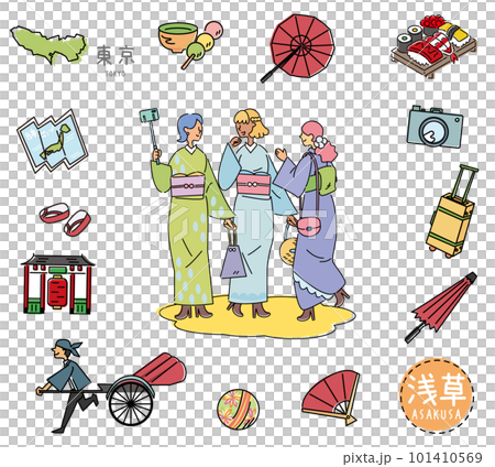日本の東京の名物観光のアイコンと着物の女友達のセット(線画) 日本の東京の名物観光のアイコンと着物の女友達のセット(線画) 101410569