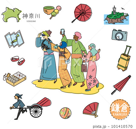 日本の神奈川の鎌倉の名物観光のアイコンと外国からの観光客のセット（線画） 101410570