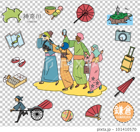 A set of icons of Kamakura's famous sightseeing in Kanagawa, Japan and foreign tourists (line drawing) 101410570