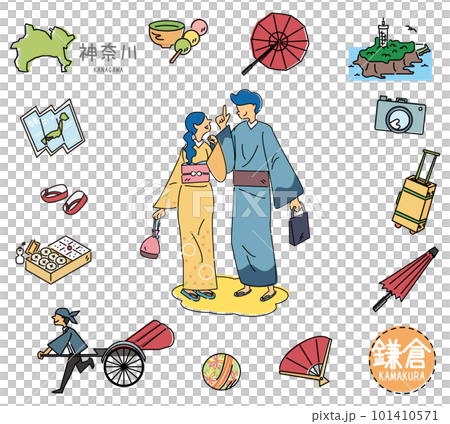 日本神奈川縣鎌倉著名觀光地圖標一組和服情侶(線描) 日本神奈川縣鎌倉著名觀光地圖標一組和服情侶(線描) 101410571