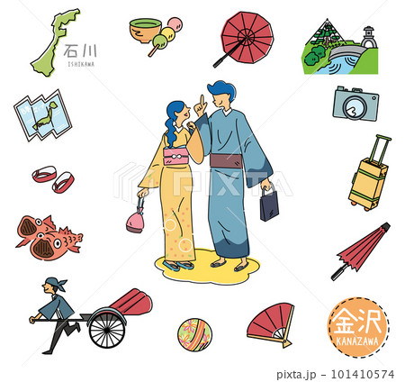 日本の石川の金沢の名物観光のアイコンと着物のカップルのセット（線画） 101410574