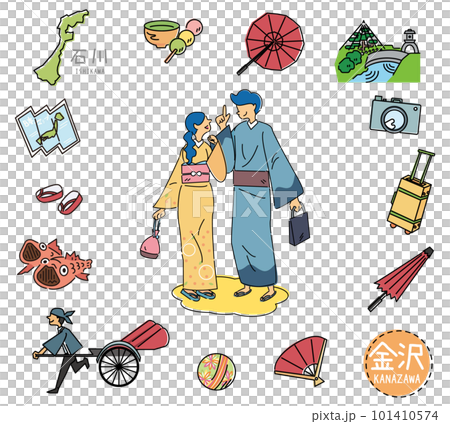 日本の石川の金沢の名物観光のアイコンと着物のカップルのセット（線画） 101410574