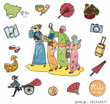 日本の愛知の犬山の名物観光のアイコンと着物を着た外国からの観光客のセット（線画） 101410577
