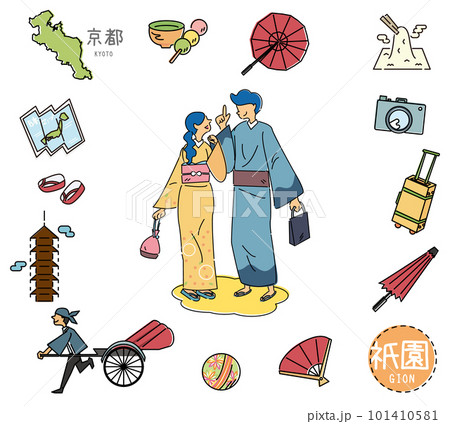 日本の京都の祇園の名物観光のアイコンと着物のカップルのセット(線画) 日本の京都の祇園の名物観光のアイコンと着物のカップルのセット(線画) 101410581