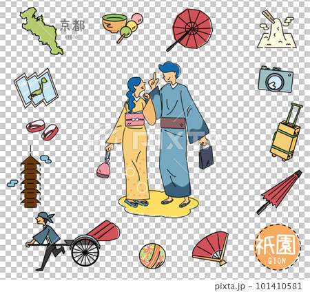 日本の京都の祇園の名物観光のアイコンと着物のカップルのセット(線画) 日本の京都の祇園の名物観光のアイコンと着物のカップルのセット(線画) 101410581