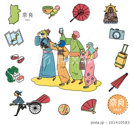 日本の奈良の名物観光のアイコンと着物を着た外国からの観光客のセット(線画) 日本の奈良の名物観光のアイコンと着物を着た外国からの観光客のセット(線画) 101410583