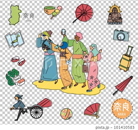 Set of icons of Nara's famous sightseeing in Japan and foreign tourists wearing kimono (line drawing) 101410583