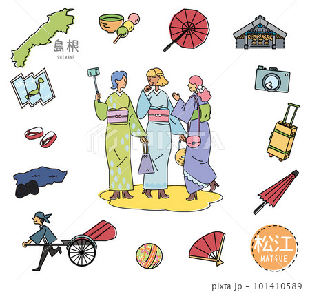 日本の島根の松江の名物観光のアイコンと着物の女友達のセット(線画) 日本の島根の松江の名物観光のアイコンと着物の女友達のセット(線画) 101410589