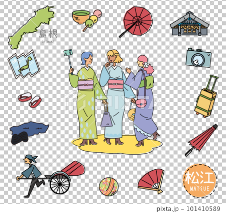 日本の島根の松江の名物観光のアイコンと着物の女友達のセット(線画) 日本の島根の松江の名物観光のアイコンと着物の女友達のセット(線画) 101410589