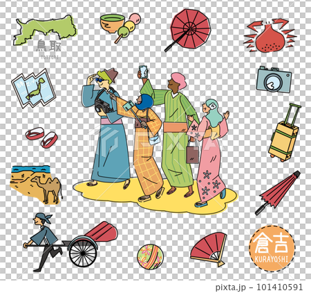 一組身穿和服的外國遊客和日本著名觀光地鳥取市倉吉的圖標（畫線） 101410591