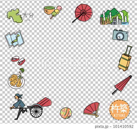 一組Kitsuki在日本大分著名觀光的圖標（線描） 101410592