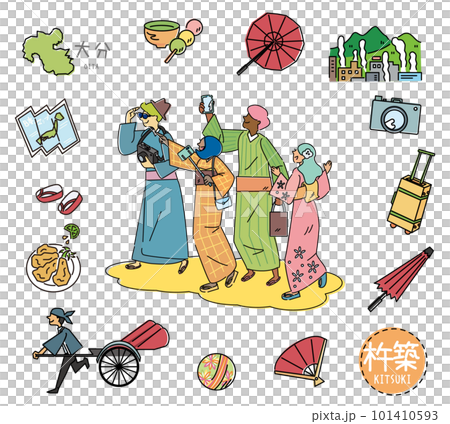Kitsuki's famous sightseeing icon in Oita, Japan and a set of foreign tourists wearing kimono (line drawing) 101410593