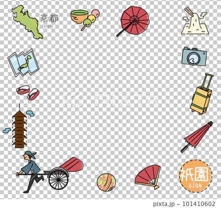 A set of icons of famous sightseeing in Gion, Kyoto, Japan (line drawing) 101410602