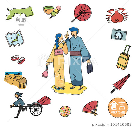 日本の鳥取の倉吉の名物観光のアイコンと着物のカップルのセット（線画） 101410605