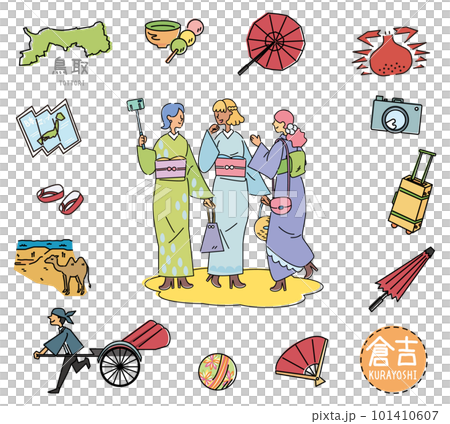 A set of Kurayoshi's famous sightseeing icon in Tottori, Japan and a female friend in a kimono (line drawing) A set of Kurayoshi's famous sightseeing icon in Tottori, Japan and a female friend in a kimono (line drawing) 101410607