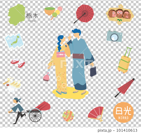 A set of kimono couples with icons of Nikko's specialty sightseeing in Tochigi Prefecture, Japan (flat) 101410613