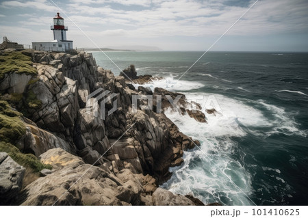 lighthouse, standing tall on rocky cliff, with view of the sea, created with generative ai 101410625