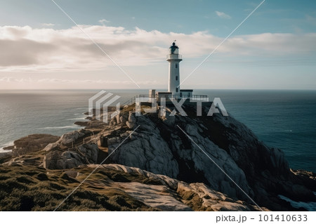lighthouse, perched on top of rocky cliff, overlooking the sea, created with generative ai 101410633